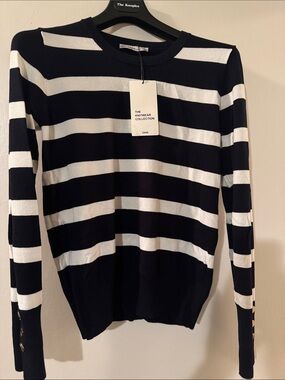 Zara Navy and White Striped Crewneck Sweater
